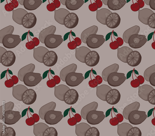 A retro-inspired seamless fruit pattern featuring hand-drawn cherries, avocados, and lemons. This design taps into the popular trends of vintage aesthetics and healthy food motifs, making it perfect f