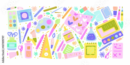 Assortment of Art Supplies and Craft Materials in a Colorful Flat Design drawing