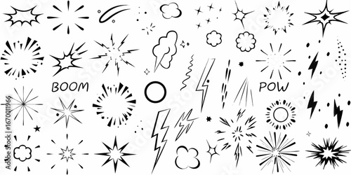 Collection of Hand Drawn Comic Book Style Explosions and Sound Effects boom