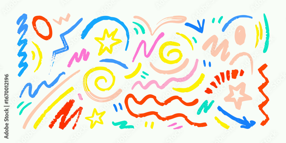 Obraz premium Vibrant abstract hand-drawn brush strokes and shapes on white doodle drawing