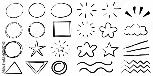 Set of Hand Drawn Black and White Geometric Shapes and Abstract Elements circle triangle