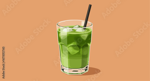 Refreshing green drink with ice cubes in glass on orange background  