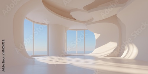 Bright futuristic interior with sculptural walls and large windows, modern architecture with flowing shapes and natural light, perfect for mockups and digital use, selective focus, copy space
