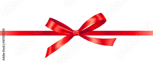 Shiny Red satin ribbon on white background. Vector Christmas gift, valentines day, birthday wrapping element. Isolated on Transparent BG.