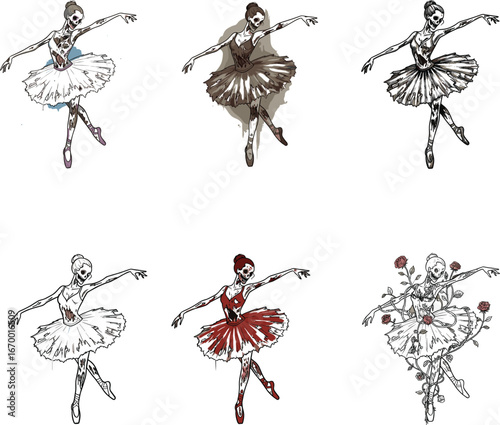 Zombie ballerina characters in dark gothic tutu, creepy Halloween horror dance costume set, undead skeleton ballet cartoon vector illustration design