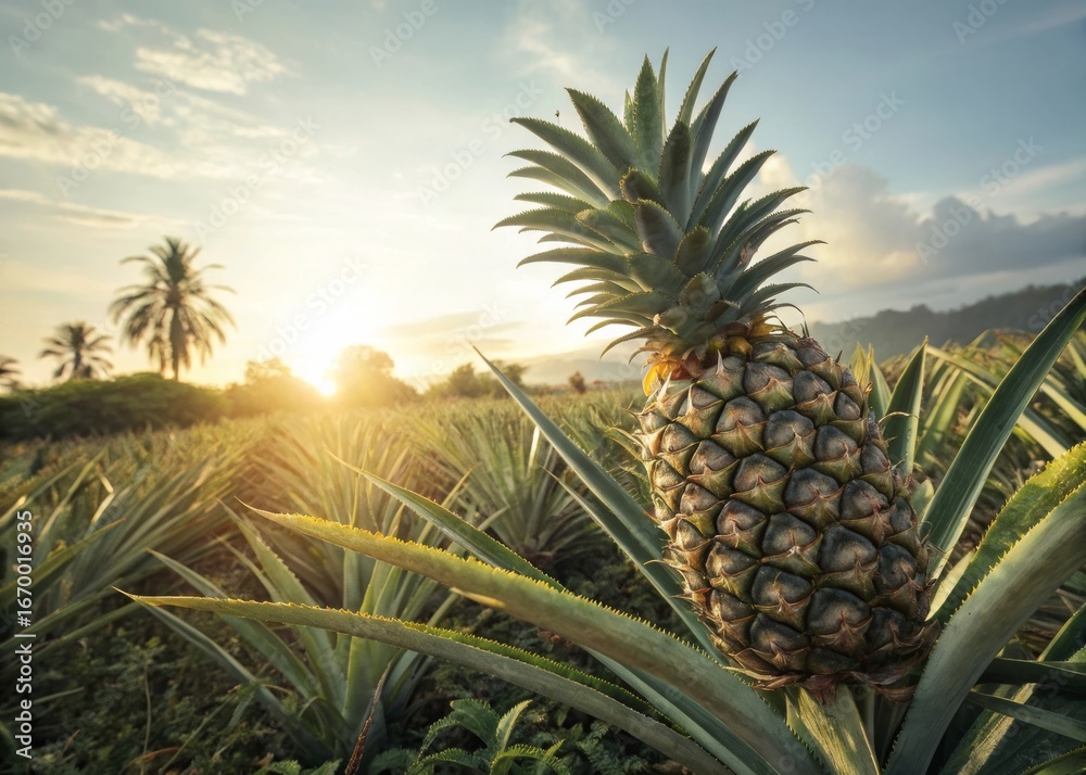 Fototapeta premium Ripe pineapple growing in the heart of a spiky tropical field vibrant natural scene captured from a unique perspective