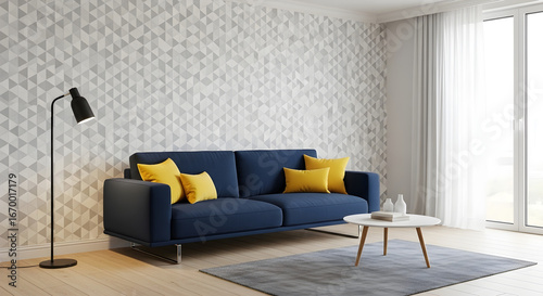 Navy Blue Sofa with Yellow Cushions in Modern Living Room.