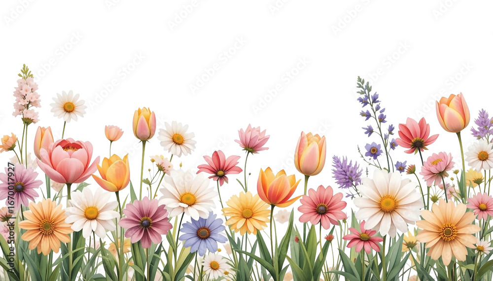 Fototapeta premium Horizontal watercolor banner of spring flowers with daisies, tulips, and blossoms