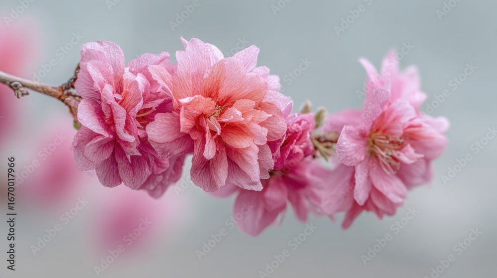 Obraz premium Delicate double pink cherry blossoms bloom on a branch in soft focus