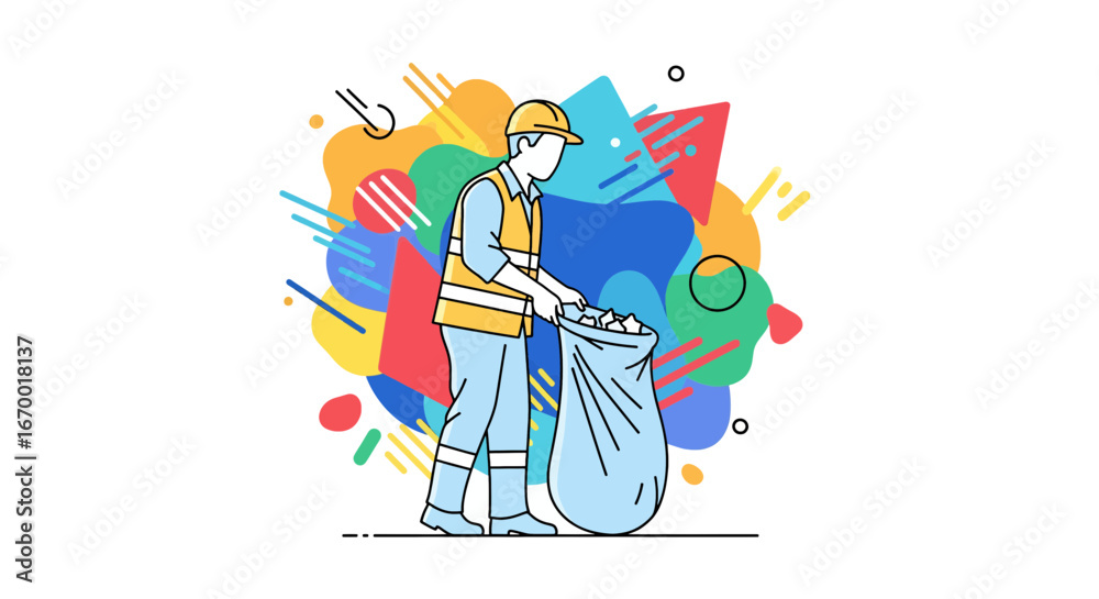 Fototapeta premium Construction worker collecting trash, cleanup, recycling