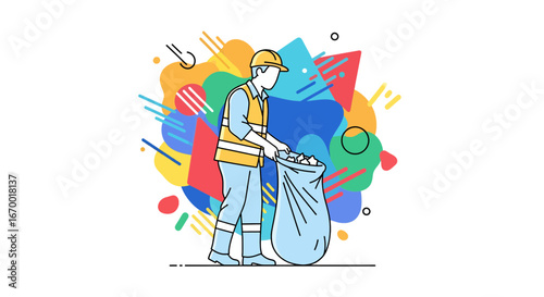 Construction worker collecting trash, cleanup, recycling