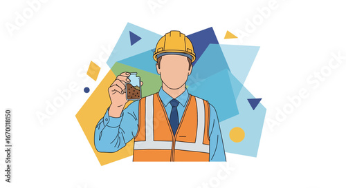 Construction worker holding concrete sample, safety gear