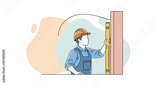 Construction worker leveling wood panel