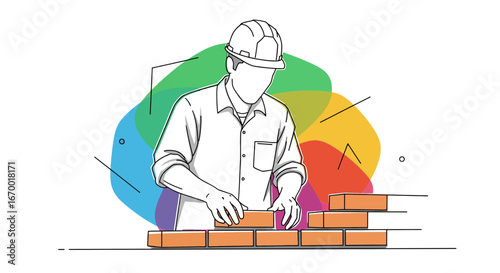 Construction worker laying bricks, building process