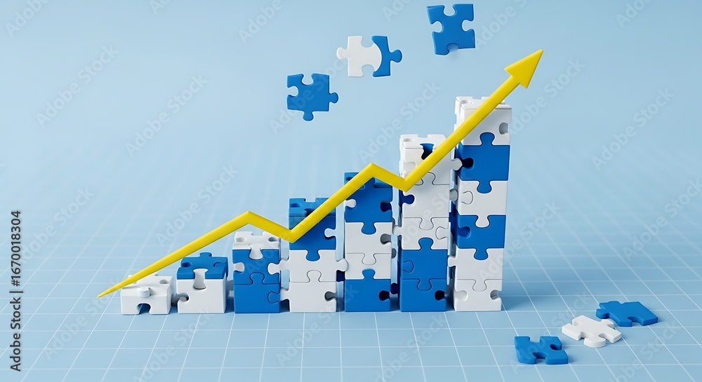 Fototapeta premium A rising graph of puzzle pieces illustrates growth and progress.