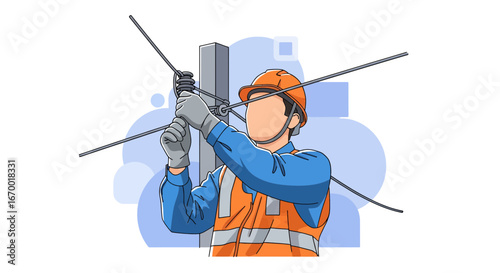 Construction worker tying rebar to steel column
