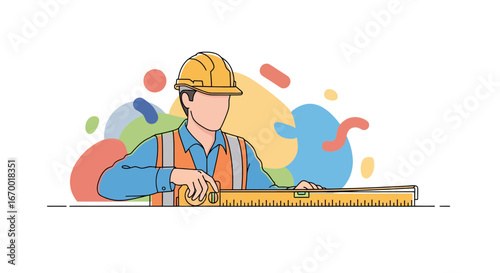 Construction worker using level tool for building project