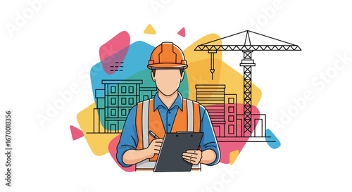 Construction worker with clipboard and building site background