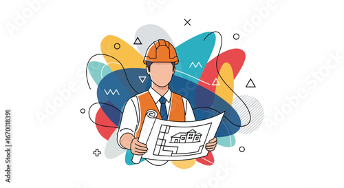 Construction worker with blueprint, building plan, architecture