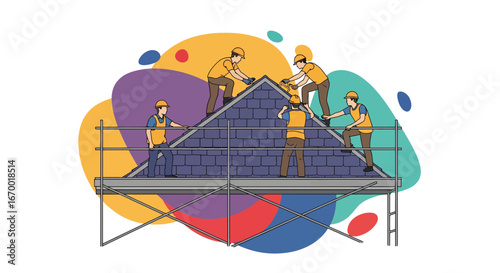Construction workers repairing roof on scaffolding