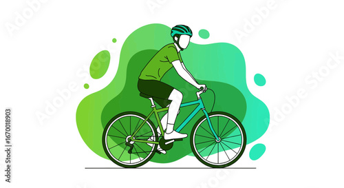 Cyclist riding bicycle outdoors, sporty lifestyle, green background