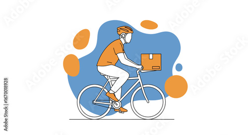 Delivery cyclist riding bike with package, modern style