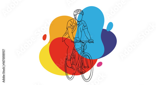 Cyclist riding bike outline with colorful abstract shapes