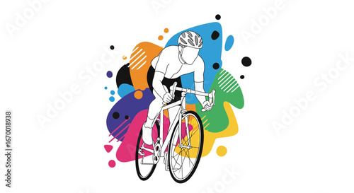 Cyclist riding bike, colorful abstract background, sporty motion