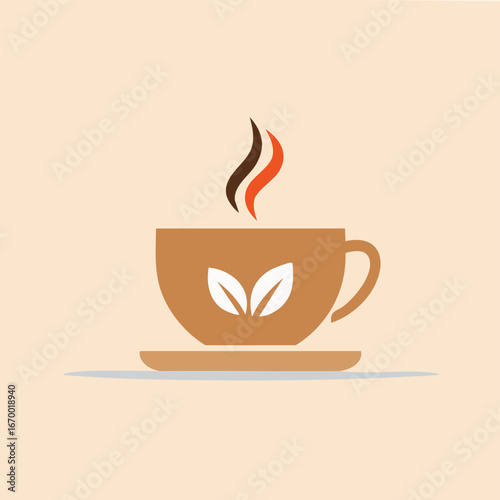 Cup of hot tea with steam and leaf design, symbol of herbal drink, health, and relaxation. Generative AI