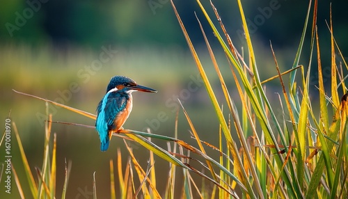 landscape photo of a common kingfisher alcedo atthis resting on reeds during summer