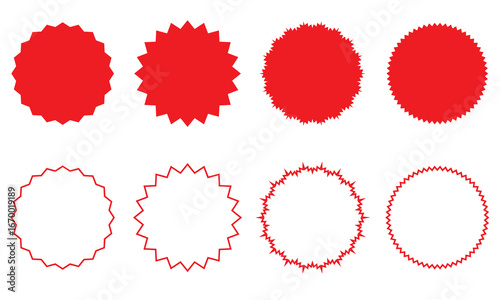 Red circular badge shapes set. Collection of circular shapes with varied jagged, smooth, and starburst edges, ideal for labels, badges, or graphic design. Starburst shape tags for price tag
