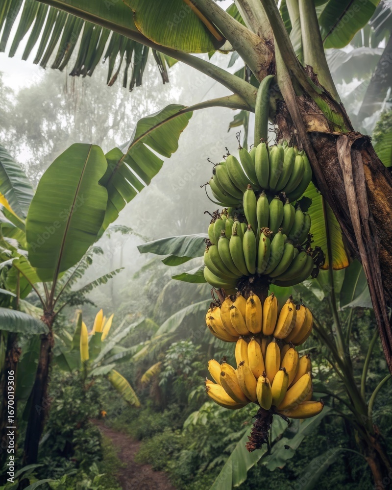 Fototapeta premium Ripening bananas clusters on lush banana trees in a humid jungle tropical greenery and vibrant leaves