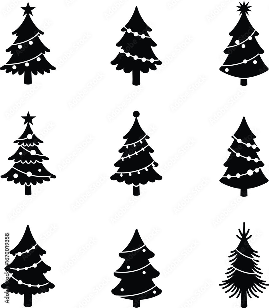 Obraz premium Black Christmas Tree Silhouettes Set, Nine Festive Icon Styles