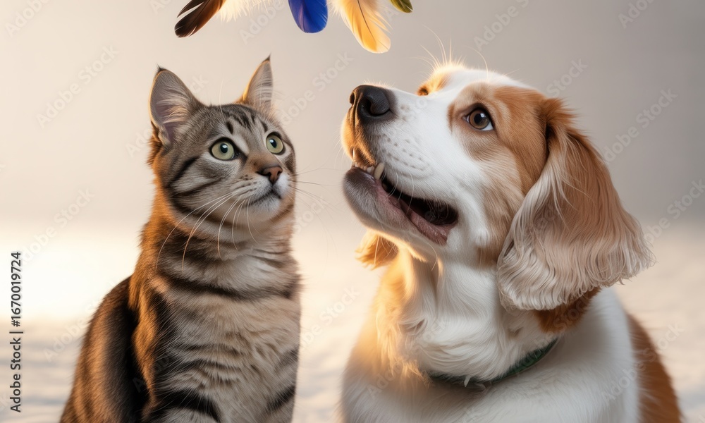 Fototapeta premium Playful pets, cat and dog, gaze upward at toy