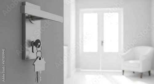 A modern, minimalist interior scene showcases a door handle with keys and a house key chain, hinting at new beginnings and fresh starts.
