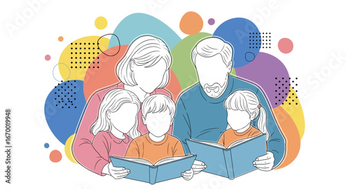 Family reading together, parents and children, learning