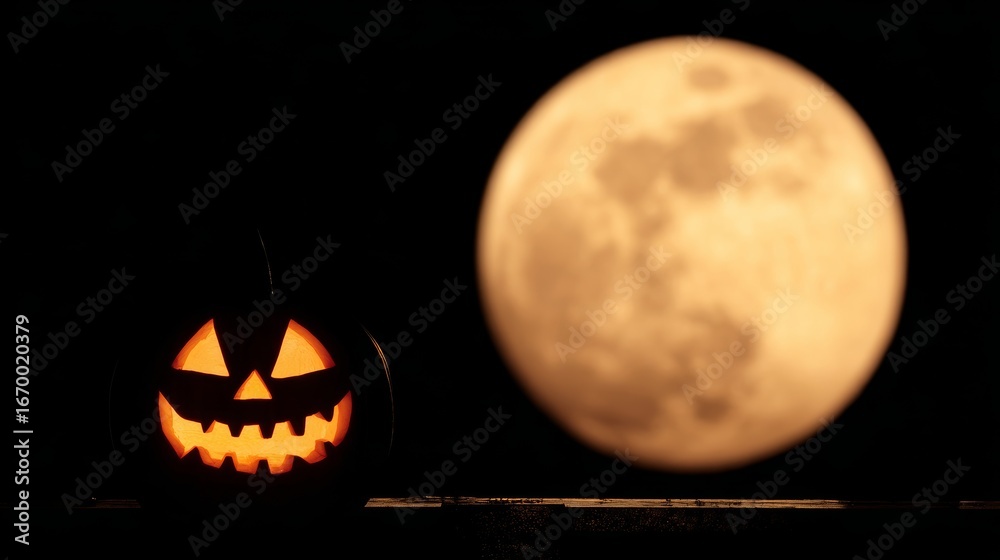 Naklejka premium Halloween jack o lantern glowing with carved scary face in front of big rising full moon against dark black night sky, spooky holiday decoration and autumn season atmosphere