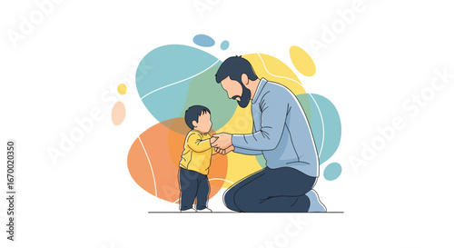 Father helping toddler walk, family bonding moment