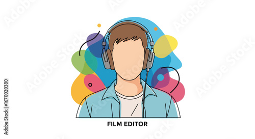 Film editor with headphones, colorful background, creative concept