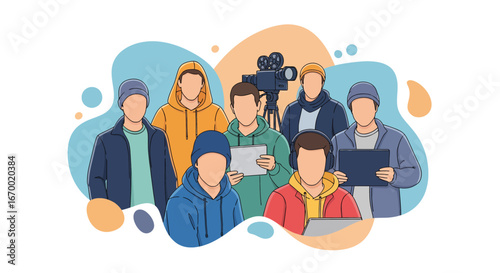 Film crew working on set with camera and script