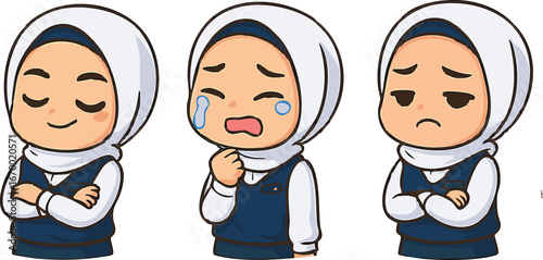 Adorable chibi Muslim girls expressing different emotions joy, sadness, and disappointment