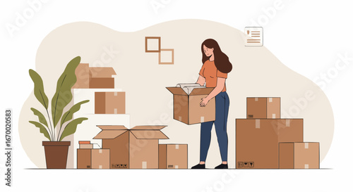 Woman unpacking cardboard boxes in a modern indoor space  