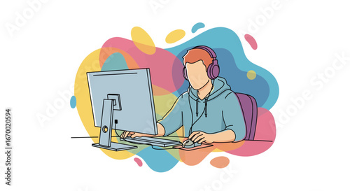 gamer playing computer with headphones and mouse