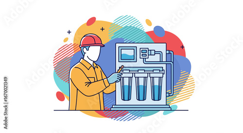 Industrial worker inspecting water filtration equipment