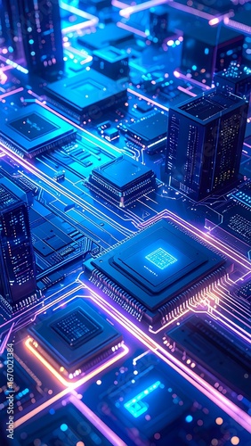 Computer chips and circuit boards illuminated by vibrant blue and purple lights in a futuristic digital landscape