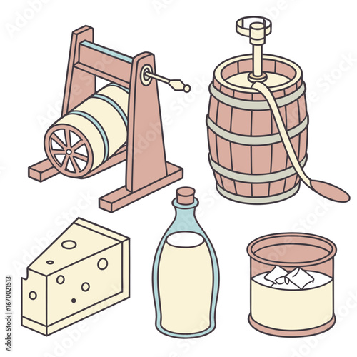 Vintage dairy farm equipment and products including churns, cheese, milk, and butter for traditional food production