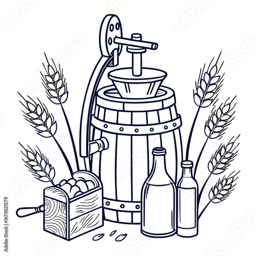 Artisan brewery scene with wheat, barrels, and bottles, ready for craft beer branding