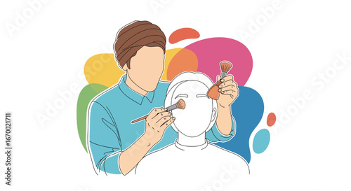 Makeup artist applying cosmetics to client's face