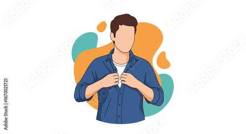 Man buttoning shirt casual style modern flat art