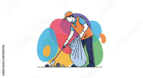 Man cleaning litter with grabber and bag outdoors